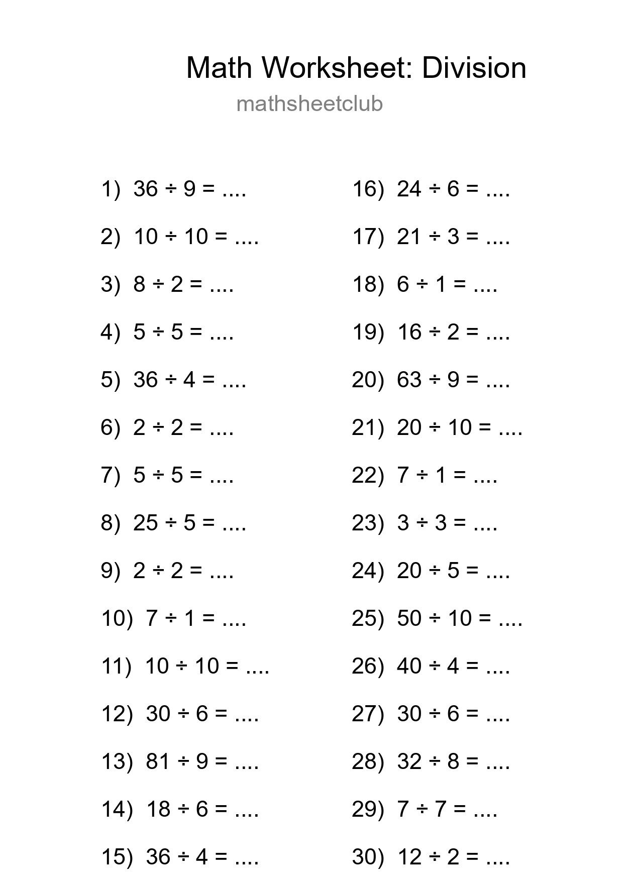 Printable Free 30 Division Math Worksheet For Grade 1 - Part 70